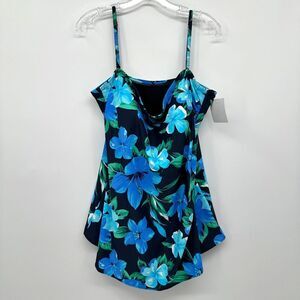 Silver by Gottex Swimsuit Size 26W One Piece Blue Floral Front Overlay Skirt New